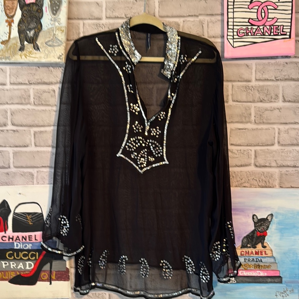 Embellished Black Sheer Top